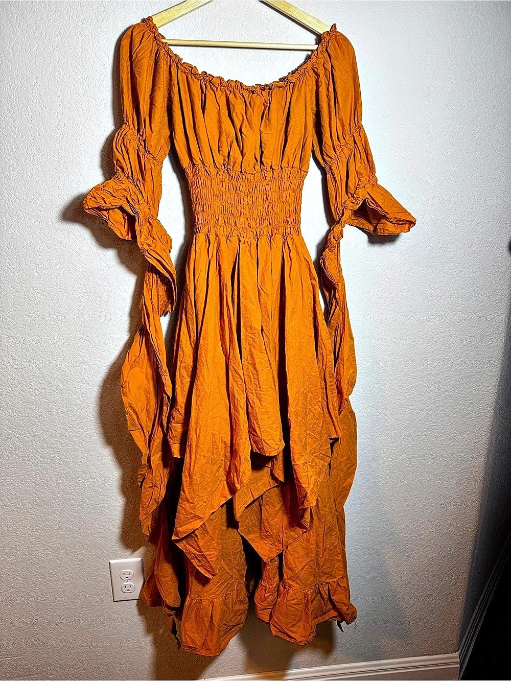 Women's Orange Smocked Midi Dress ren faire whimsical romantic